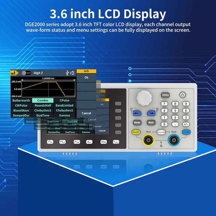 OWON DGE2035 Dual Channels 35 MHz Funktionsgenerator, 3,6 Zoll LCD-Display, tragbarer willkürlicher