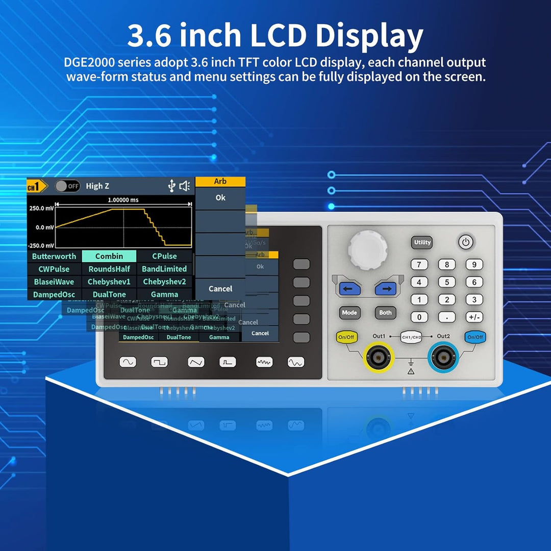 OWON DGE2035 Dual Channels 35 MHz Funktionsgenerator, 3,6 Zoll LCD-Display, tragbarer willkürlicher