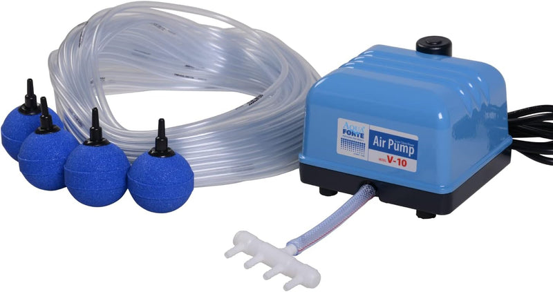 AquaForte Hi-Flow V-10 Luftpumpenset, Komplettset mit Luftverteilern, 25 m Schlauch 4 x 6 mm und 4 L