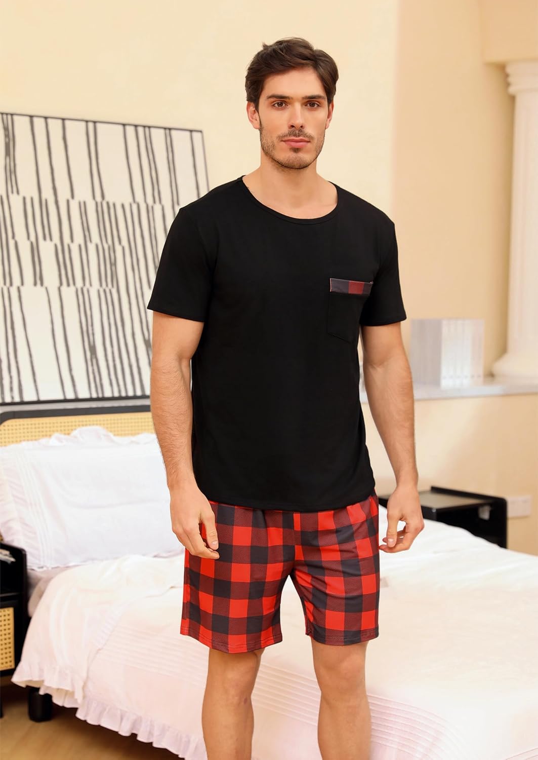 Schlafanzug Herren Kurz aus Baumwolle mit Kontraststreifen Design, Sommer Pyjama Set Oberteile und K