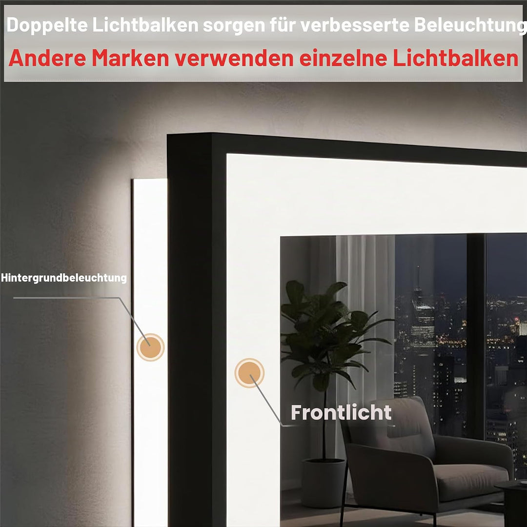 50x70cm Badspiegel mit Beleuchtung, Hartglas Badspiegel LED Antibeschlag, Schwarzer Aluminiumrahmen