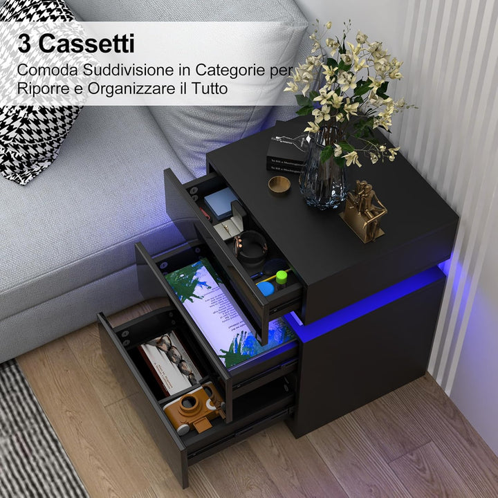 Lvhecforhm Schwarz Nachttisch mit 3 Schubladen, Nachttisch mit LED, Einstellbare Farben, Hochglanz L