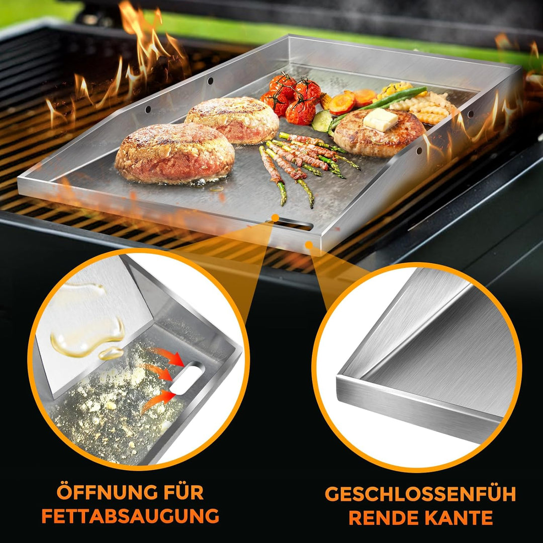 Grillplatte Plancha, 4 mm starker Edelstahlgrill für Gas- und Holzkohlegrills 40 x 30 x 4 cm, mit ab