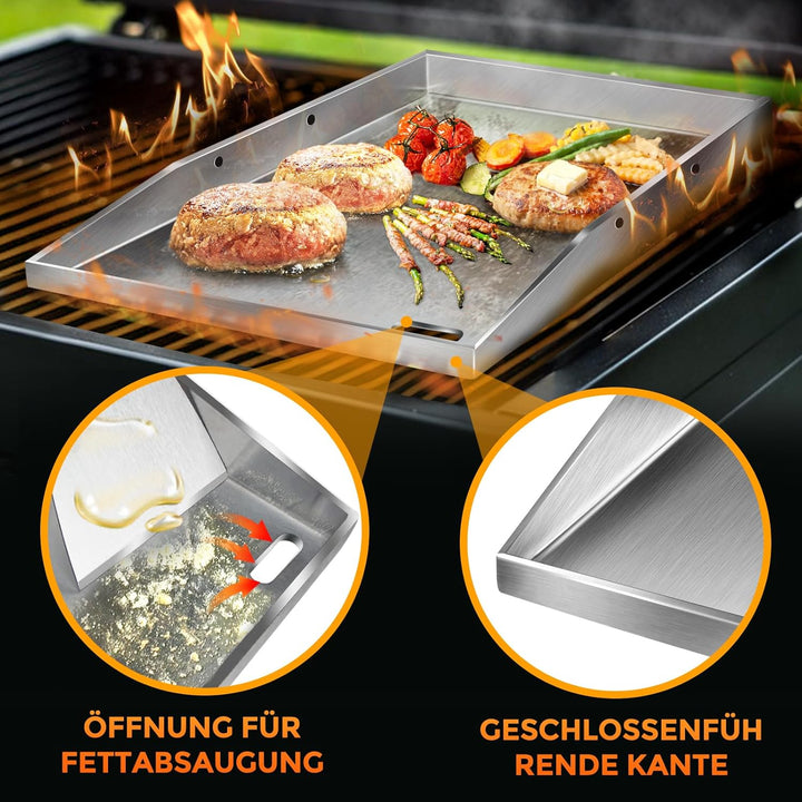 Grillplatte Plancha, 4 mm starker Edelstahlgrill für Gas- und Holzkohlegrills 40 x 30 x 4 cm, mit ab