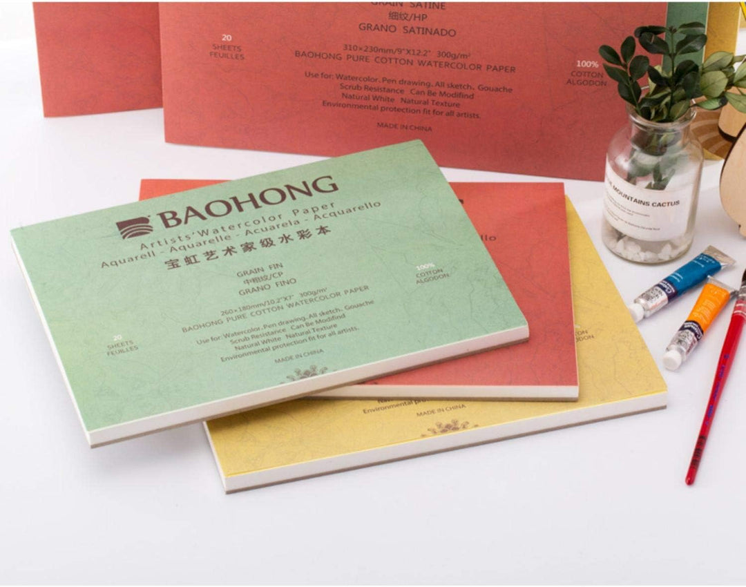 BAOHONG Künstler-Aquarell-Papierblock (20 Blatt, an vier Kanten geklebt), 100 % Baumwolle, säurefrei