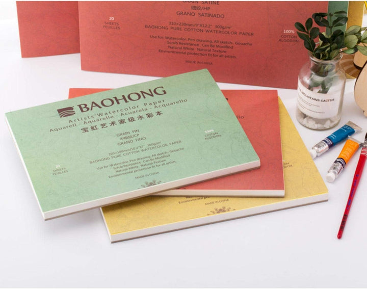 BAOHONG Künstler-Aquarell-Papierblock (20 Blatt, an vier Kanten geklebt), 100 % Baumwolle, säurefrei