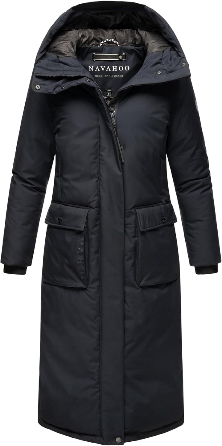 Navahoo Damen Wintermantel Warmer Mantel extralang mit Kapuze Wolkenfrost XIV XS-XXL M Navy, M Navy