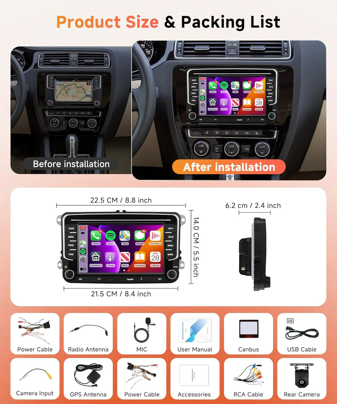 Rimoody 4G+64G Android Autoradio für VW Golf 5 6 Passat Polo Tiguan Touran Caddy Skoda SEAT mit Wire