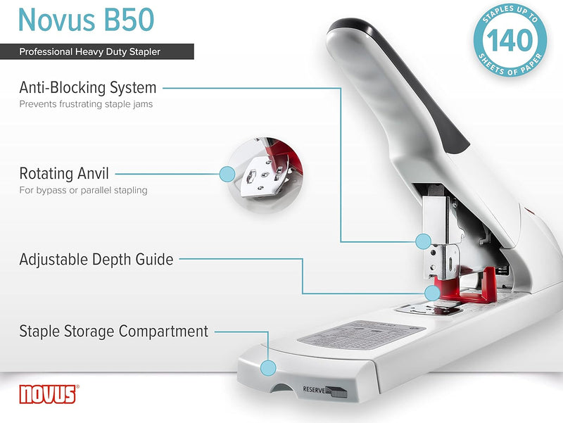 Novus B 50 Blockheftgerät (Bürohefter mit variabler Einlegetiefe bis 75 mm, 140 Blatt, Antiblockiers