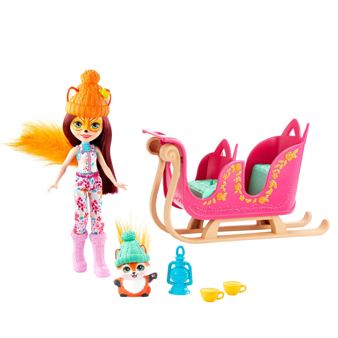 Enchantimals GJX31 - Schlittenfreunde Set mit Felicity Fox Puppe (15,24 cm), Tierfigur Flick, Schlit