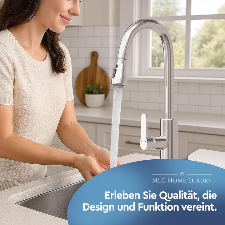 Küchenarmatur – 360° Wasserhahn Küche mit ausziehbarer Brause, Edelstahl Spültischarmatur Hochdruck,