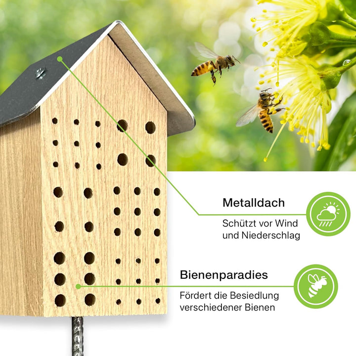 GARTENETAGE Wildbienenhotel mit Metalldach/Naturbelassenes, massives Insektenhaus &amp; Bienenhotel/Nist