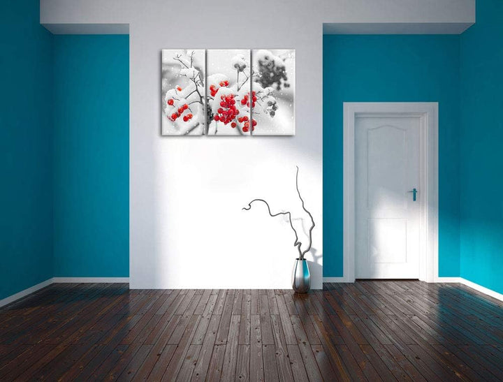 Rote Vogelbeeren im Winter schwarz/weiss 3-Teiler Leinwandbild 120x80 Bild auf Leinwand, XXL riesige