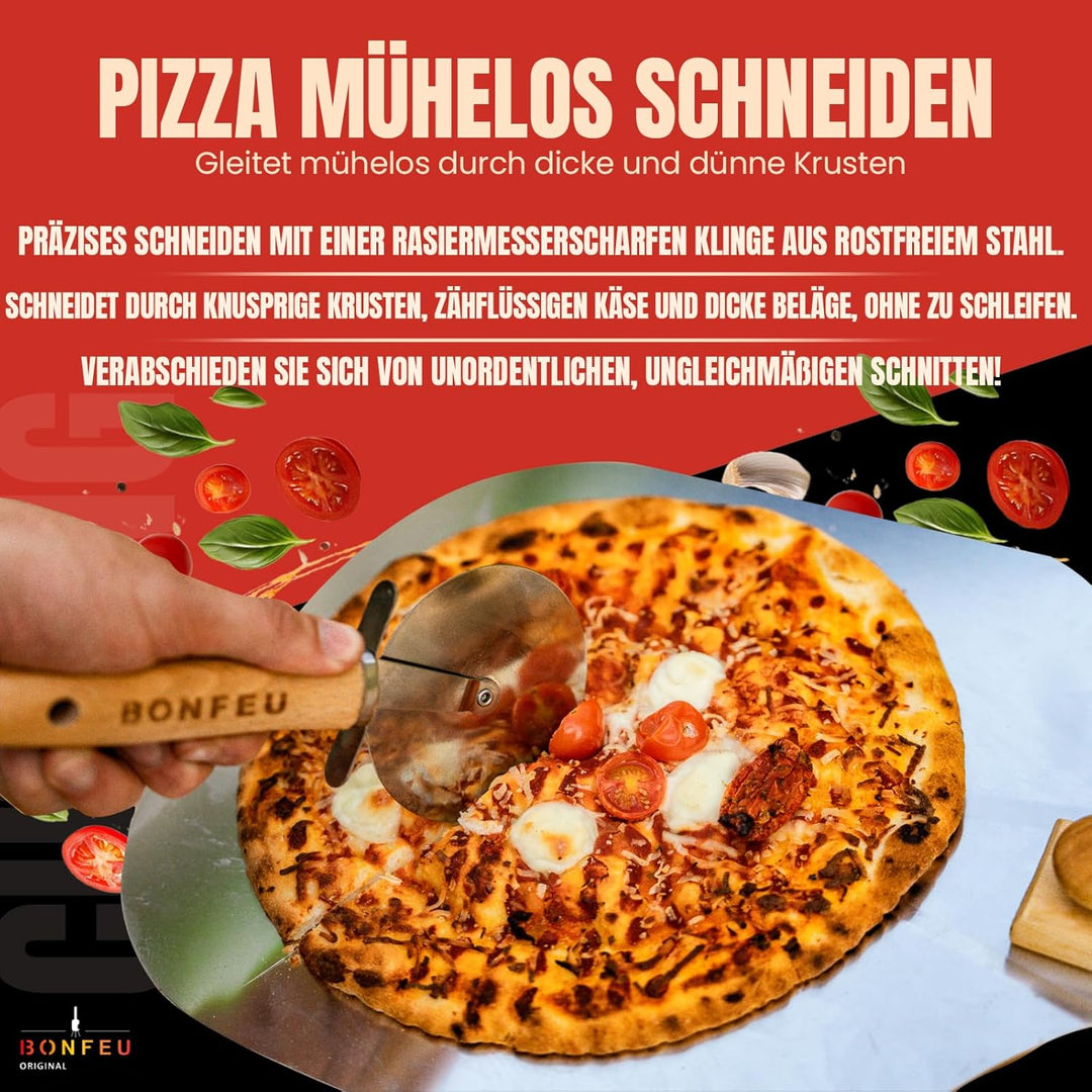BonFeu Pizzaschieber und Pizzaschneider Set - Pizzaschaufel mit Abnehmbarem Holzgriff - Pizza Schieb