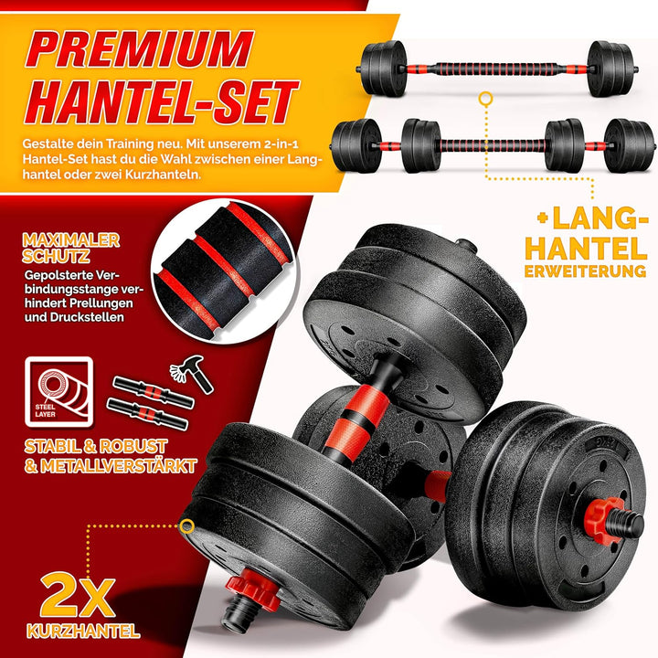 RE:SPORT 2 in 1 Hanteln Set 15-30kg | Hantelset verstellbar | Kurzhantel &amp; Langhantel | Sternverschl