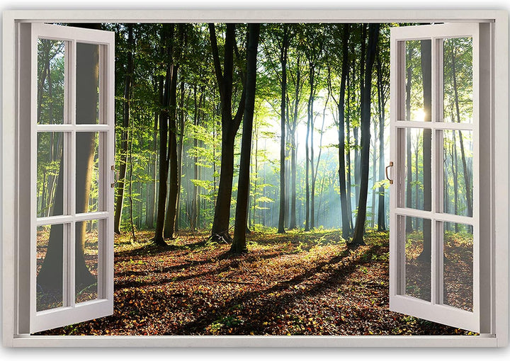 Feeby Bild auf Vlies Leinwand Offenes Fenster 3D-Illusion 90x60 cm Kunstdruck Modern Wandbilder Deko