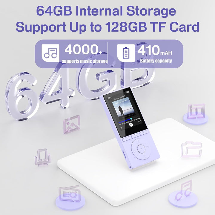 64GB MP3 Player with Bluetooth 5.3, Music Player with HiFi Sound for Sports Runners, 2.4" Screen MP3
