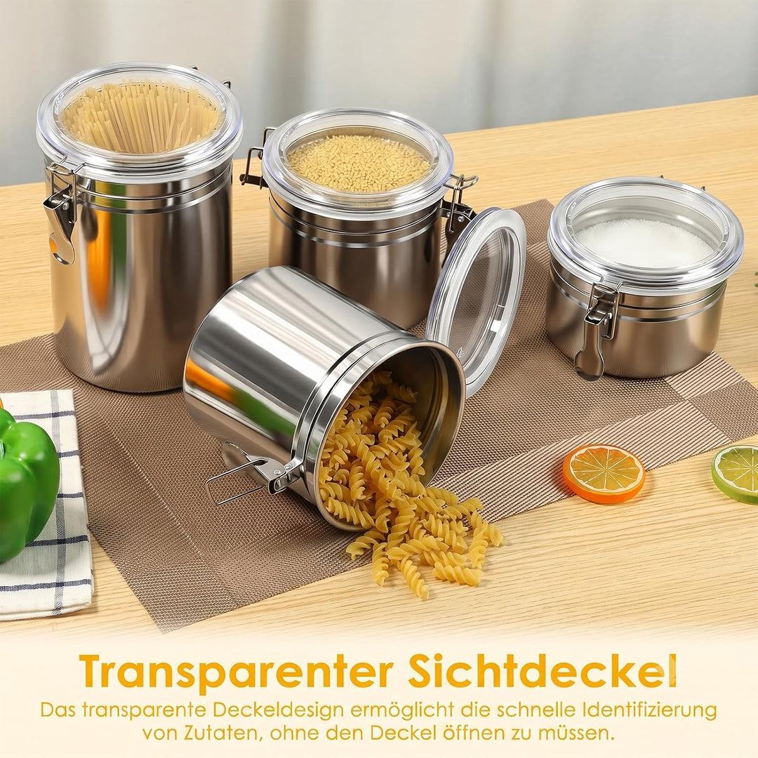 4er Set Edelstahl Kaffeebohnen Behälter mit Deckel für Küche | Kaffeedose luftdicht für 500g/1kg Boh