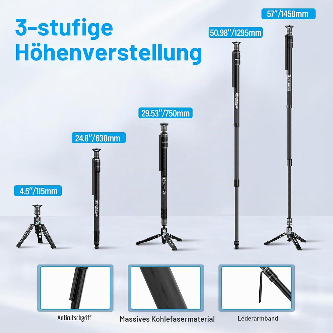 SIRUI SVM-145 Einbeinstativ Kohlefaser Kamera, 145cm Carbon monopod Rapid System Einstufige Höhenver