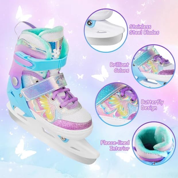 Nattork Mädchen-Eislaufschuhe für Kinder, 4-Fach verstellbar, Butterfly-Eislaufschuhe mit Fleecefutt