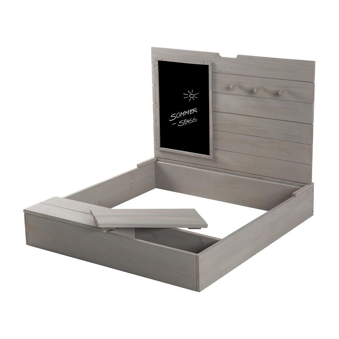 roba Sandkasten aus Holz mit Deckel - Sandkiste aufklappbar mit Tafel & 3 Haken - Wetterfest Abdecku