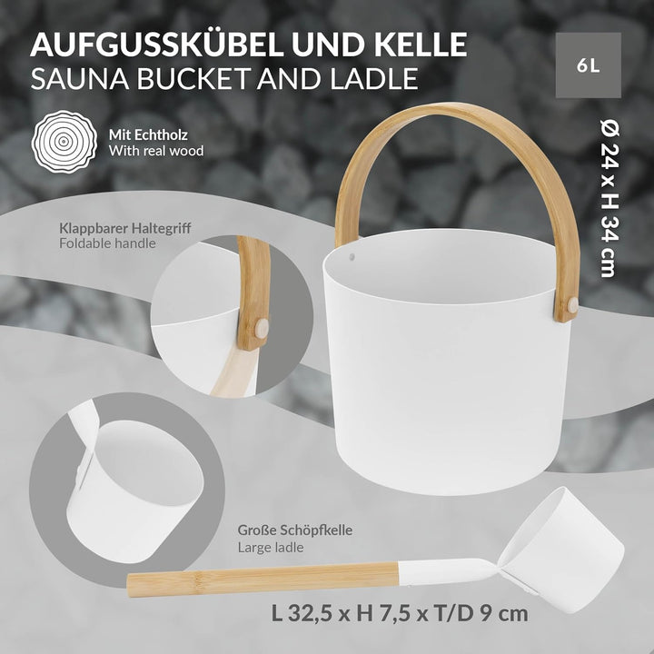 LuxeBath Saunazubehör-Set aus Aluminium & Bambus, Weiss, 2-TLG Sauna Set, Aufgusskübel mit klappbare