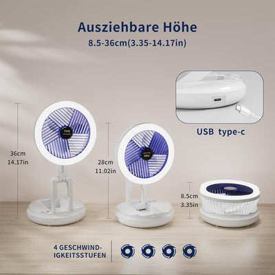 Mihoho Turbo-Ventilator,4-Geschwindigkeits-Luftzirkulator mit Licht, Akku-faltbarer Ventilator mit L