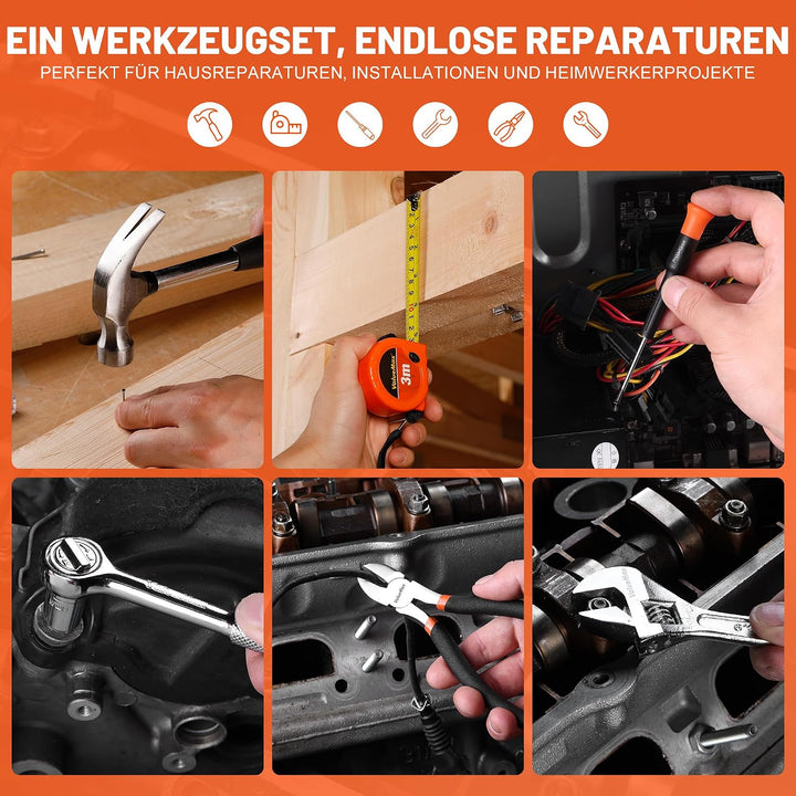 ValueMax werkzeugkoffer gefüllt 150tlg., Werkzeug Set mit Werkzeugkoffer für Haushalt Reparatur, Hei