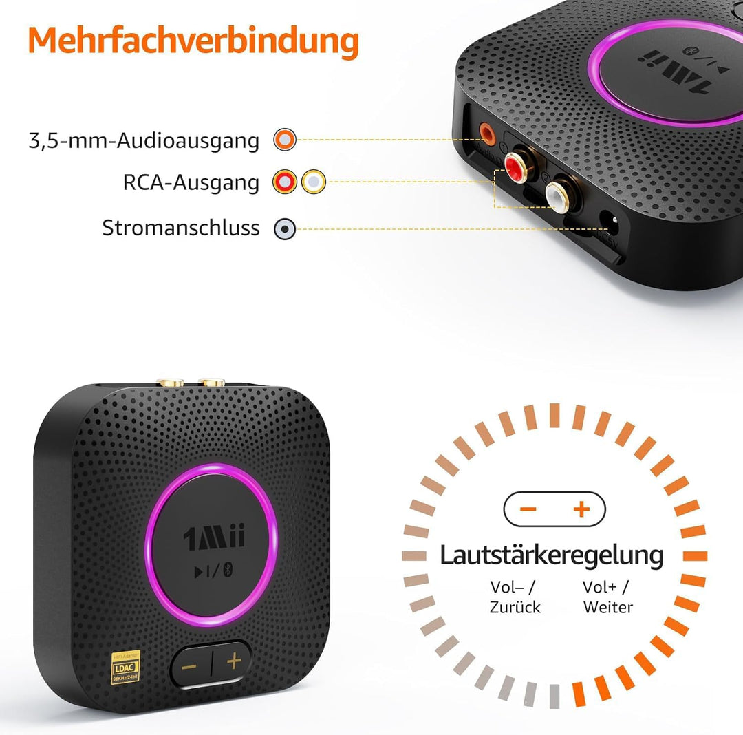 1Mii B06S+ Bluetooth 5.2 Empfänger, HiFi Wireless Audio Adapter mit LDAC, Lautstärkeregelung, aptX H