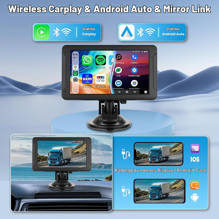Wireless Carplay &amp; Android Auto Display, Tragbar Autoradio mit 7 Zoll HD IPS Touchscreen Carplay Dis