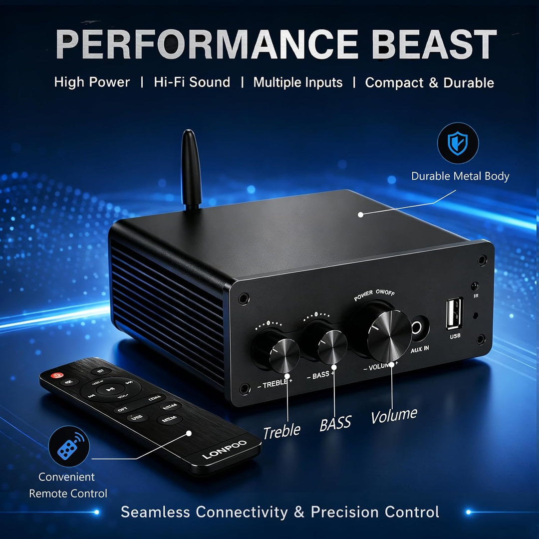 LONPOO Mini Bluetooth Hifi-Verstärker 200W mit Fernbedienung, Optical, COAX, USB, AUX-Eingang, 2 Kan