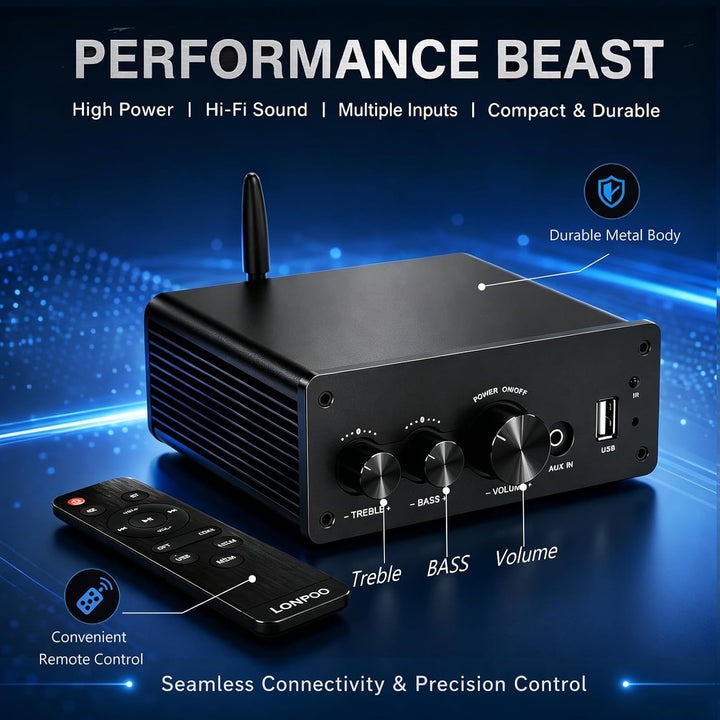 LONPOO Mini Bluetooth Hifi-Verstärker 200W mit Fernbedienung, Optical, COAX, USB, AUX-Eingang, 2 Kan