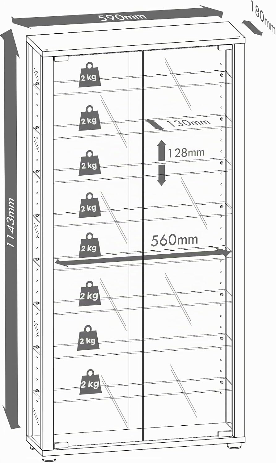 VCM Glasvitrine hängend | Vitrine Glas mit ESG-Sicherheitsglas | Masse: H. 114 x B. 59 x T. 18 cm |