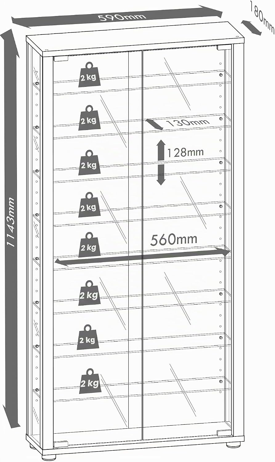 VCM Wandvitrine Sammelvitrine Glasvitrine Wand Vitrine Regal Schrank Glas ohne Beleuchtung Weiss "Vi