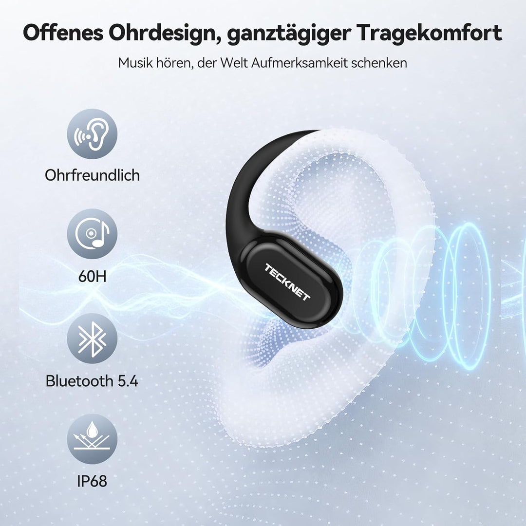 TECKNET Kabellose Open-Ear-Kopfhörer, Kopfhörer Kabellos Bluetooth, Knochenschall Ohrbügel, IP68 Was