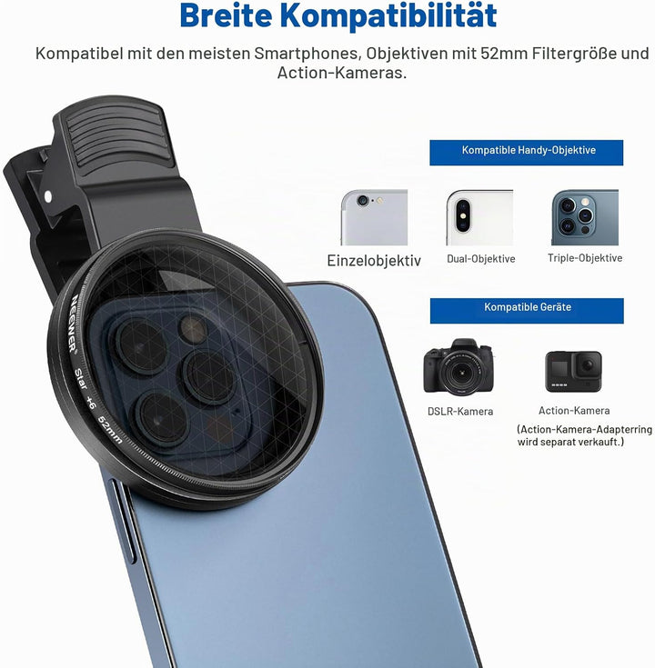 NEEWER 52mm ND+CPL+Effekt Filter Set mit Handy Phone Objektiv Klammer, Polfilter ND32, 6 Punkt Stern