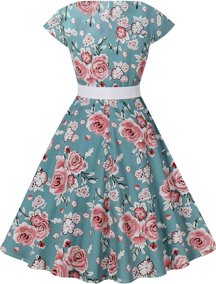 AXOE Damen Rockabilly Kleider 50er Jahre Baumwolle Gürtel, S F05
