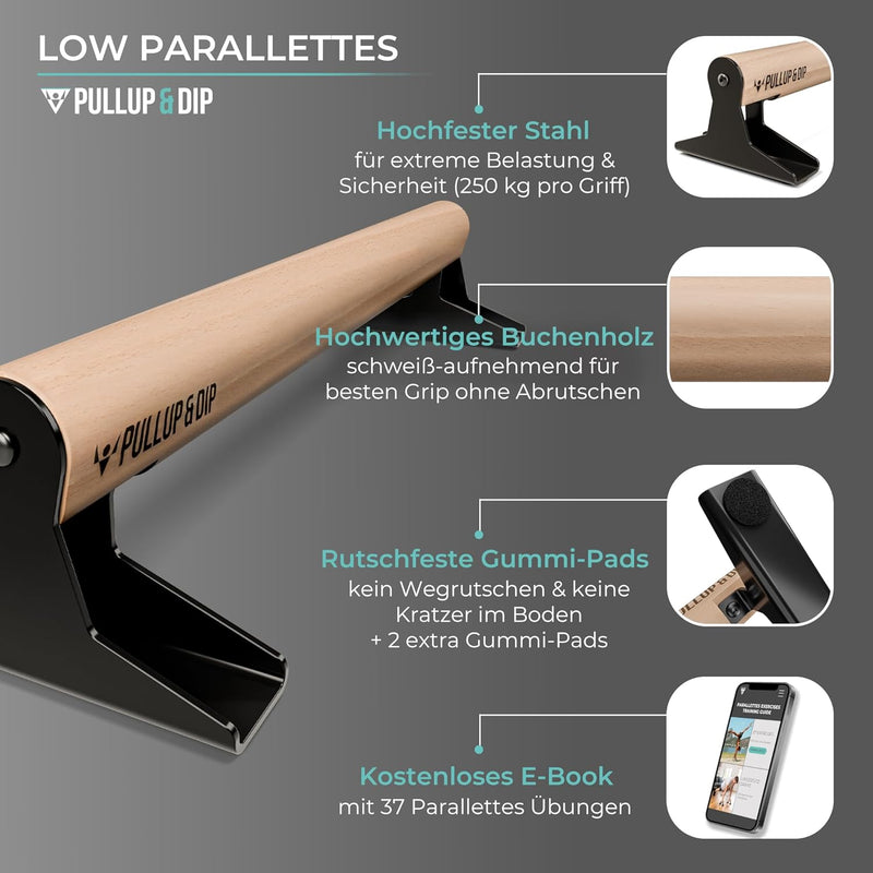 PULLUP & DIP Holz Parallettes, Low oder Medium Minibarren Handstand Barren mit ergonomischem Holz Gr