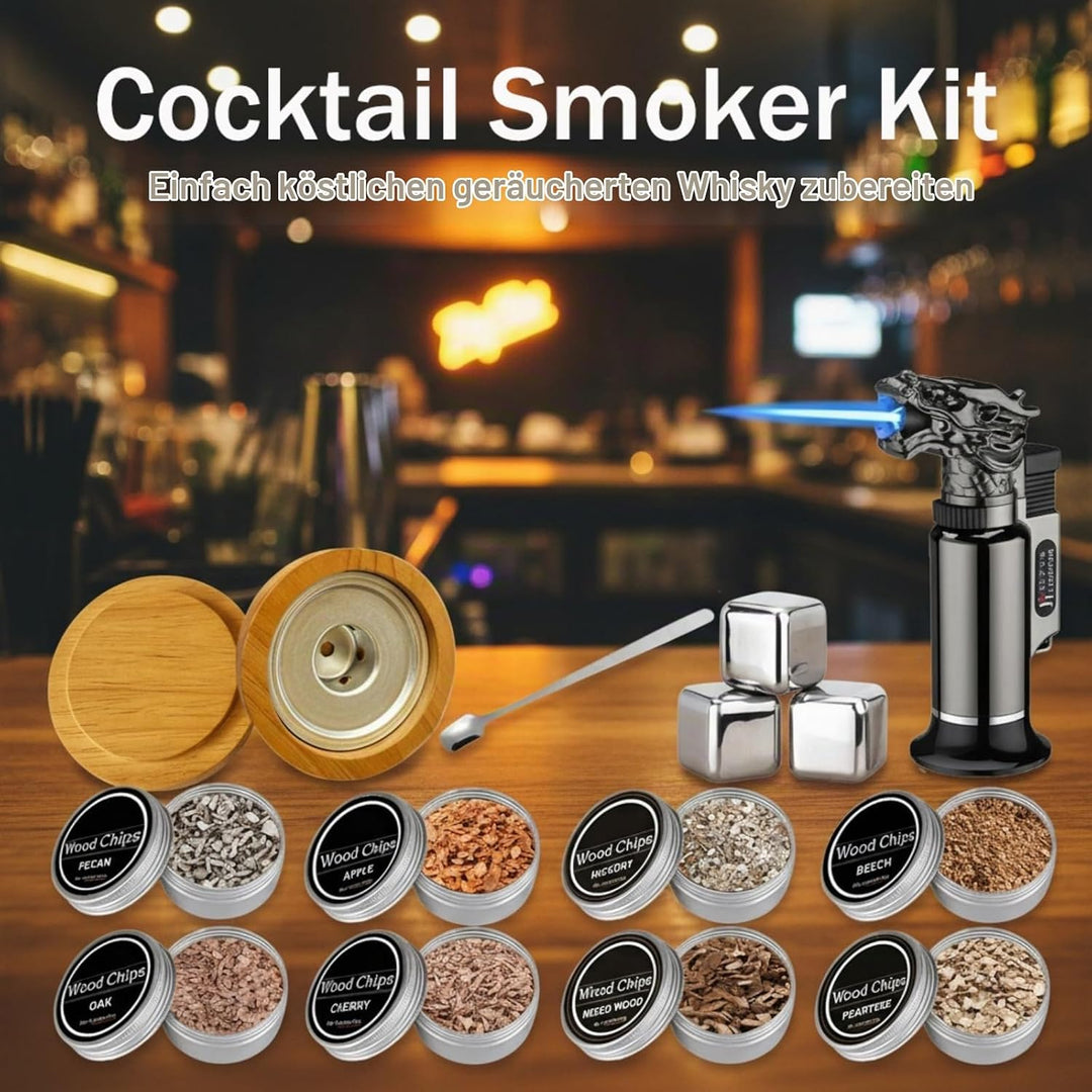 Cocktail Räucher-Set – Whisky Räuchersystem mit 8 Holzsorten &amp; Zubehör – Flygragon Professioneller S