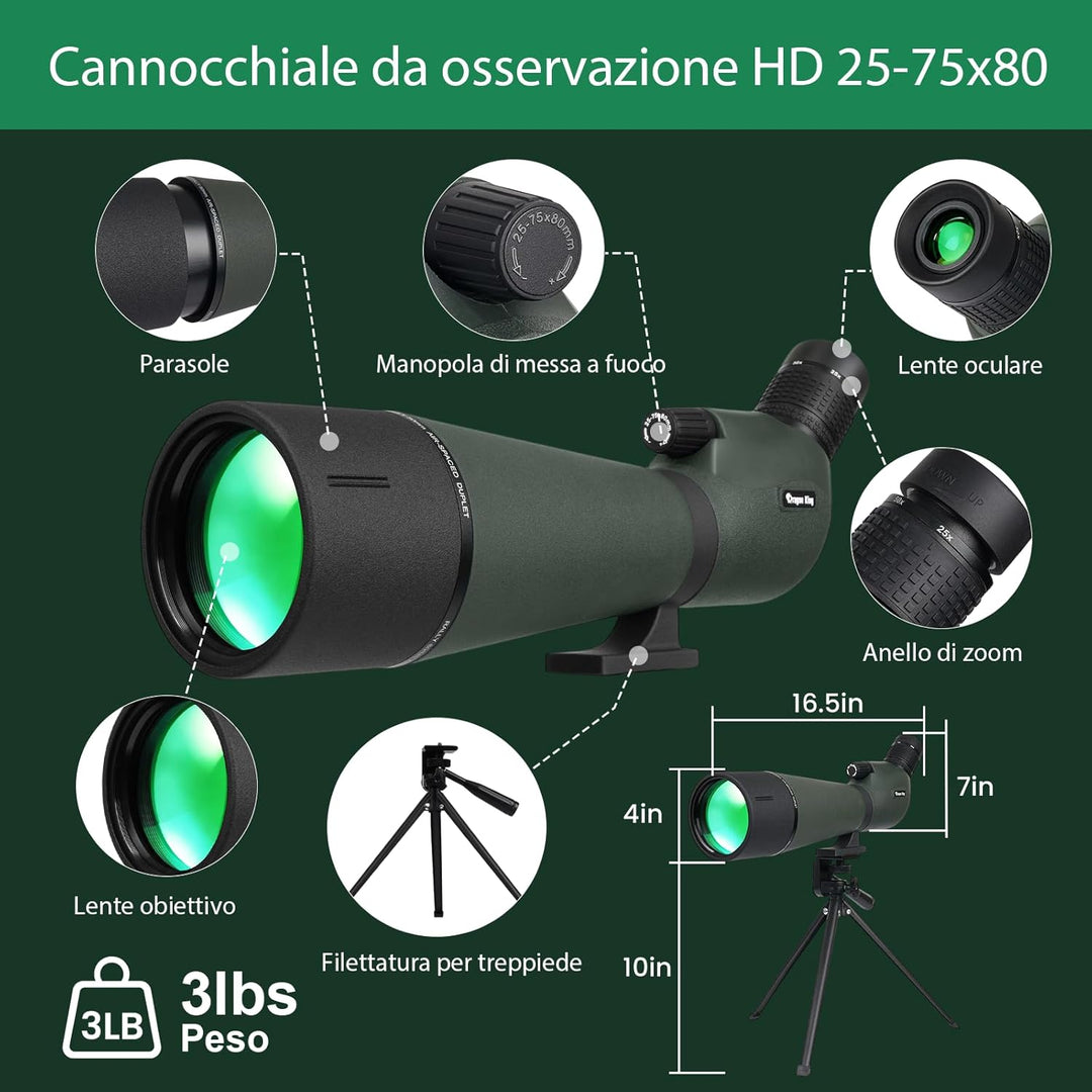 BIBIRE HD-Spektive für das Zielschiessen, 25-75x80-Winkelspektiv mit Stativ und Smartphone-Adapter,