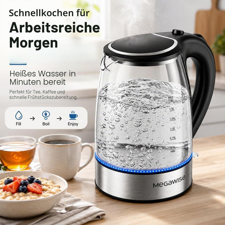 MegaWise Glas-Wasserkocher 1,8L, 1800W elektrischer Wasserkocher mit automatischer Abschaltung, Troc