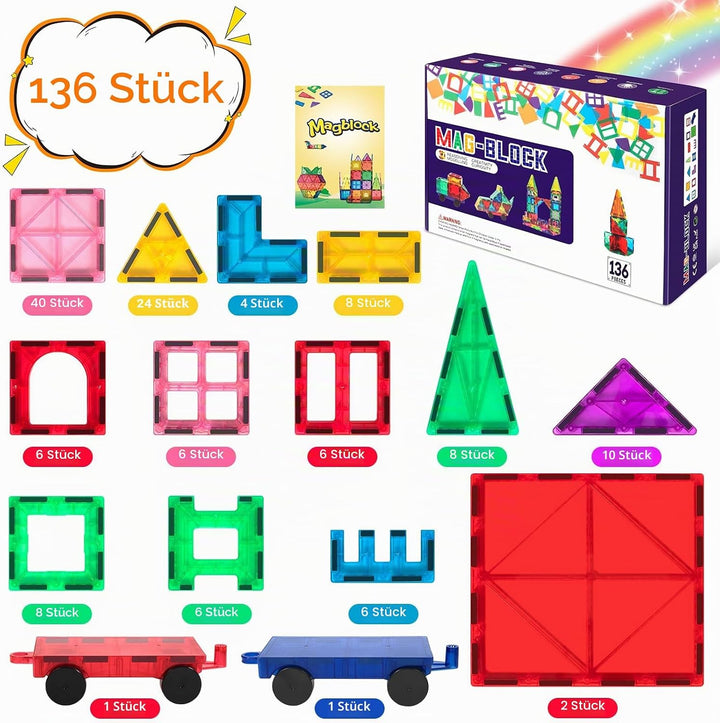 136Pcs Magnetische Bausteine Spielzeug, Magnetisches Bauspielzeug, Puzzle Baustein Spielzeug, Magnet