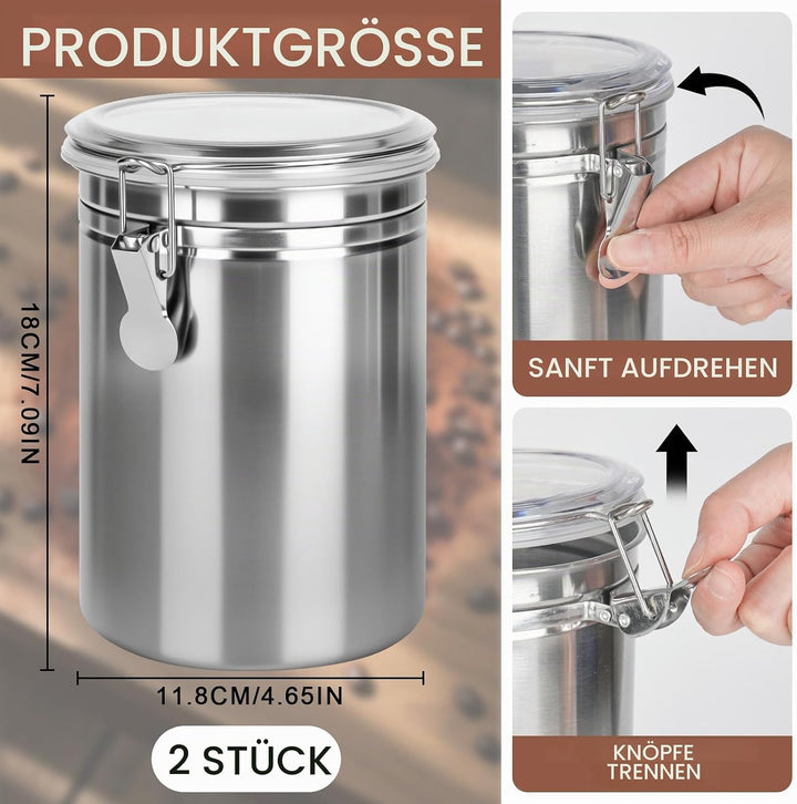 2 Stück Kaffeedose Luftdicht mit Deckel, 1.8 L Kaffeebohnen Behälter aus Edelstahl, kaffeebohnen auf
