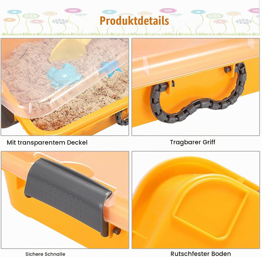 2 Stück Sandkasten mit transparent Deckel Kunststoff Sandschale Gelb Spieltablett Tragbare Sandkoffe