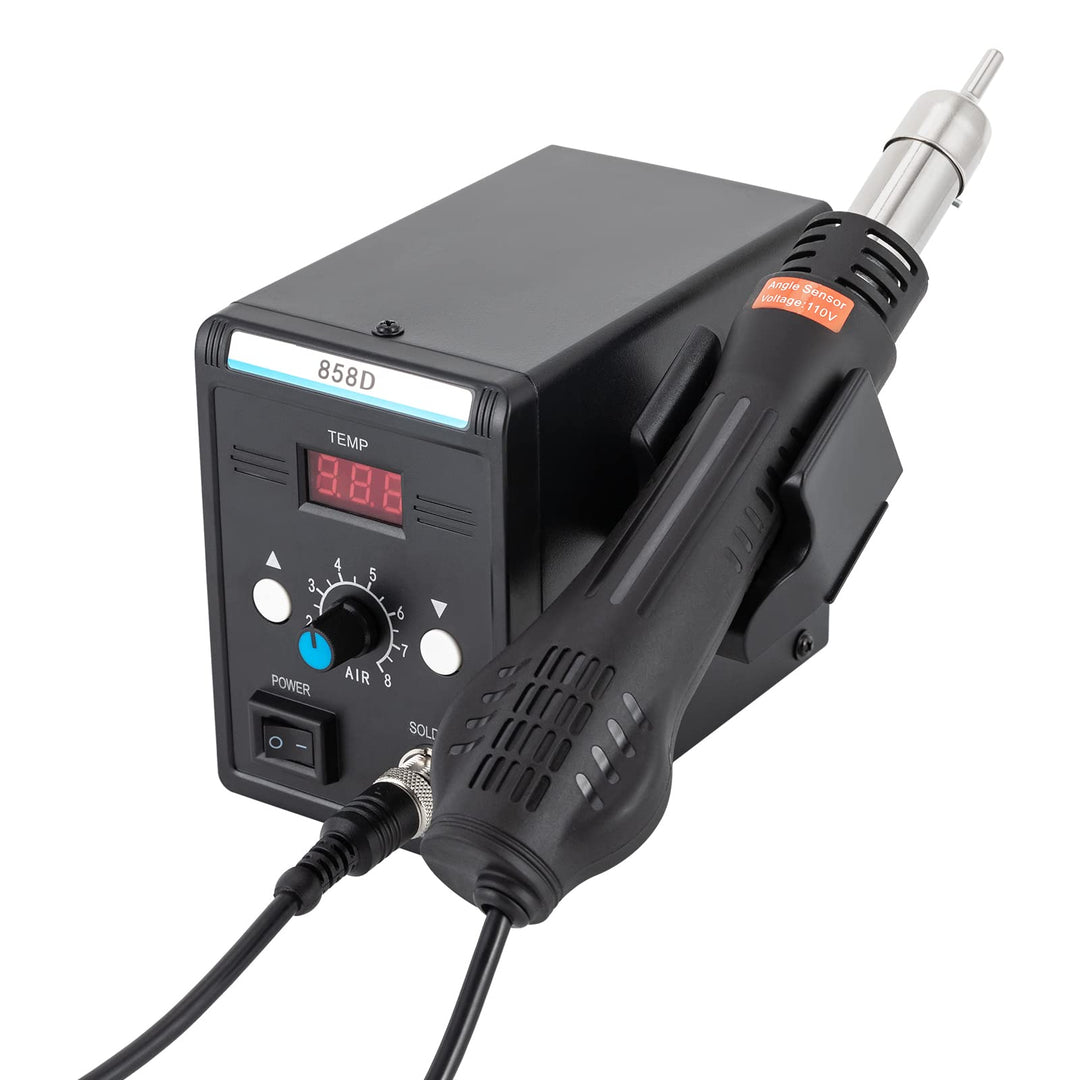 Heissluft-Rework-Station 858D, 700 W, 100–500 °C, LED, 3 Düsen | PID-Regelung, 8 Luftstufen und Wink