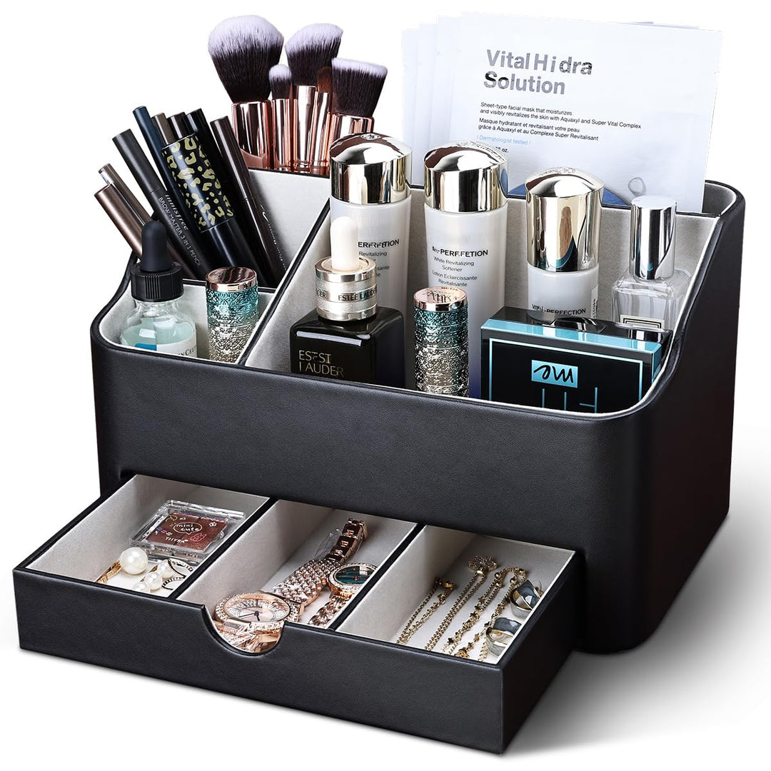 KINGFOM Make Up Kosmetik Organizer, PU Leather Schmink Organizer mit Schublade Skincare Organizer fü