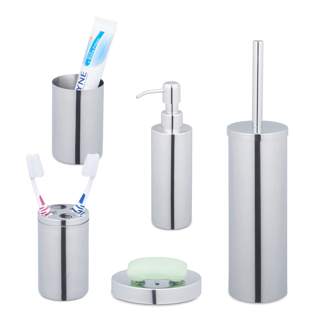 Relaxdays Badezimmer Set, 5-teilig, Badaccessoires Edelstahl poliert, komplette Badezimmerausstattun