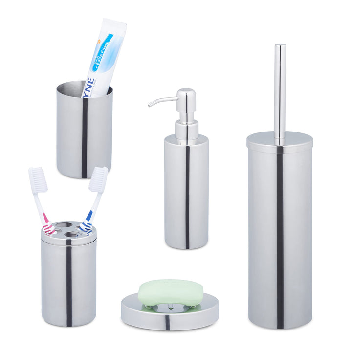 Relaxdays Badezimmer Set, 5-teilig, Badaccessoires Edelstahl poliert, komplette Badezimmerausstattun