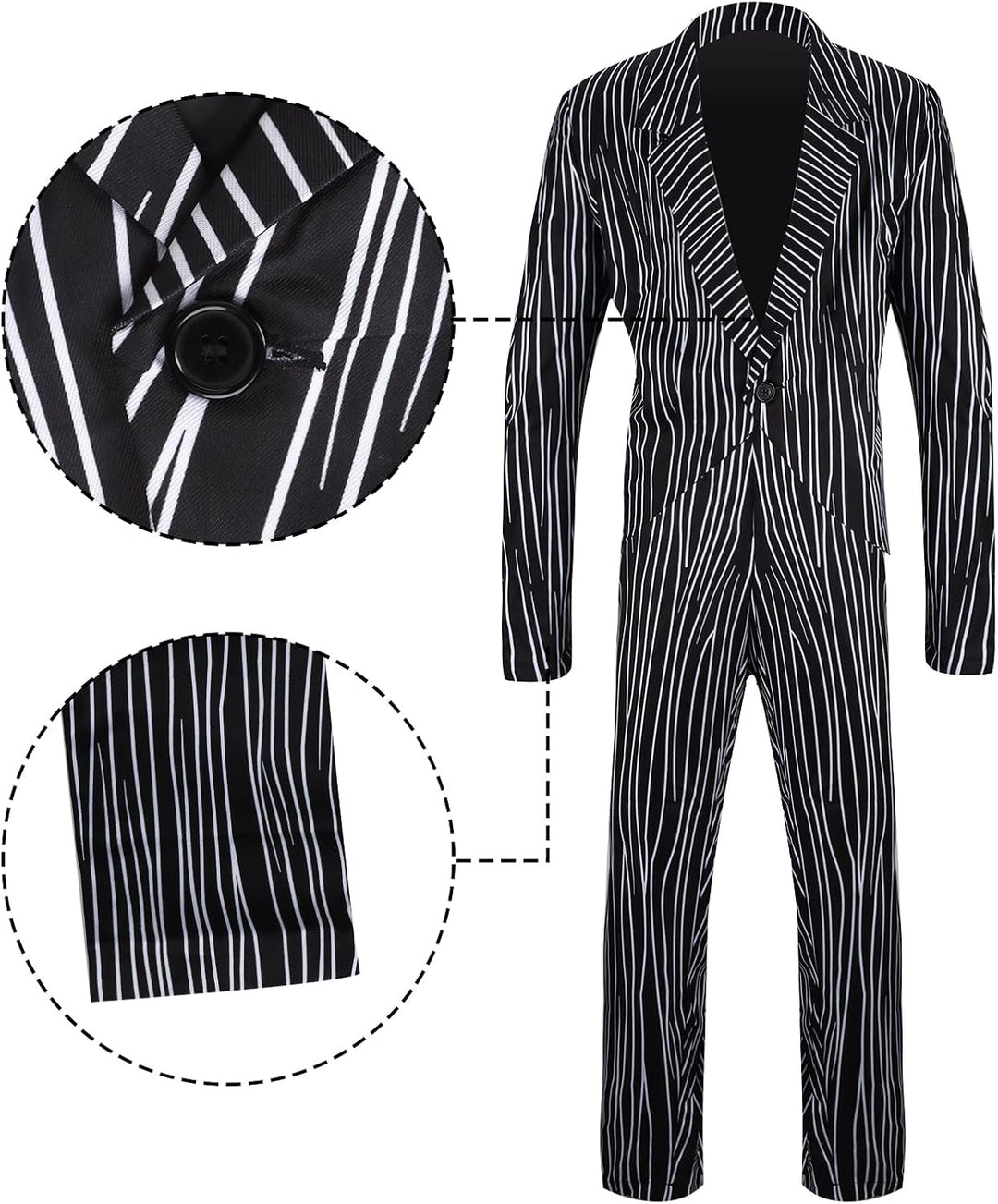 NUWIND Jack Skellington Herren Halloween Cosplay Kostüm Gestreifter Anzug mit Hose Fledermaus Fliege