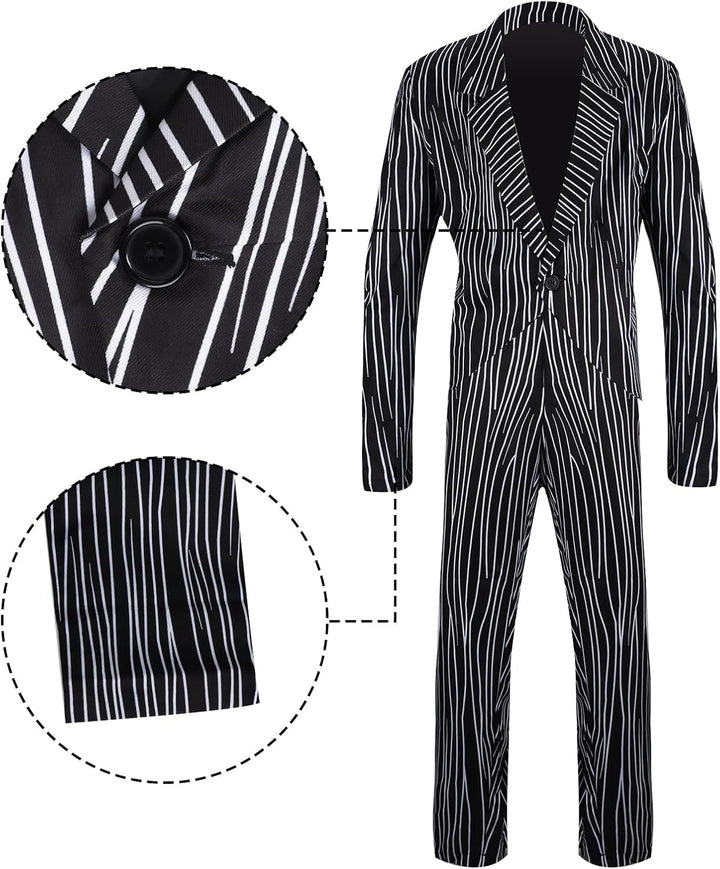 NUWIND Jack Skellington Herren Halloween Cosplay Kostüm Gestreifter Anzug mit Hose Fledermaus Fliege